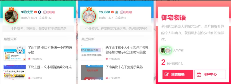 子比主题美化 – 仿极主题首页人气作者-鹿鸣资源站